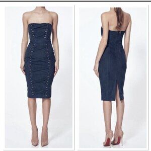 Misha Collection Petra Navy Faux Suede Strapless Corset Dress 0 NEW Bodycon Midi